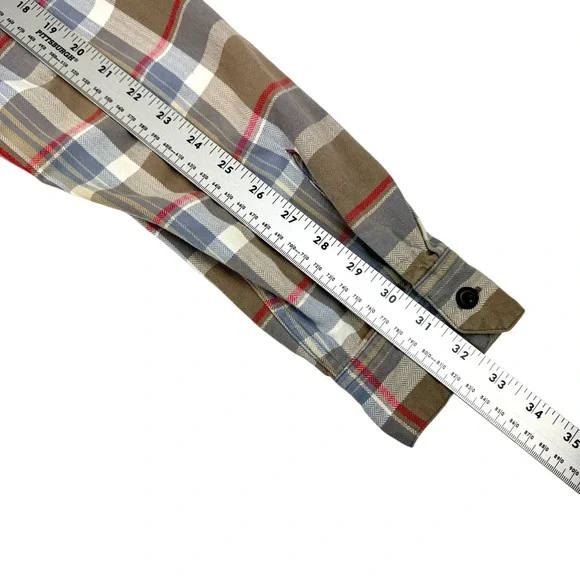 J. Crew Plaid Shirt Men's Large Tan Gray Red Flannel Button-up 100% Cotton Soft - Picture 9 of 13